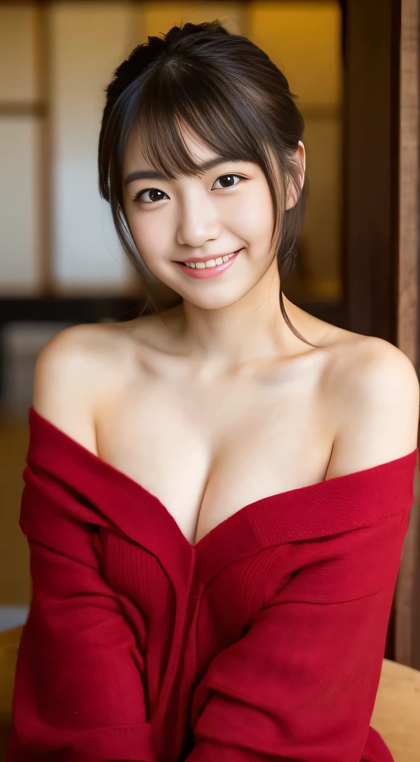 masterpiece,best quality,(Japanese girl),((Beautiful girl)),cleavage,(off shoulder:1.2),(perfect body beauty:1.2),(shy smile),From slightly above,