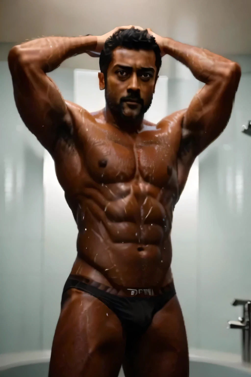 suriya, dark skin, standing in shower in wet, in bathroom, wearing a (((underwear))), open legs, spare arms, extremely hairy body, shirtless, detailed face, (best quality, 8k, masterpiece:1.2), ultra-detailed, (realistic, photorealistic, photo-realistic:1.37), HDR, UHD, studio lighting, sharp focus, physically-based rendering, extreme detail description, professional, vivid colors, portrait, photorealism, (((ultra realistic))), sexy expression, black nipples