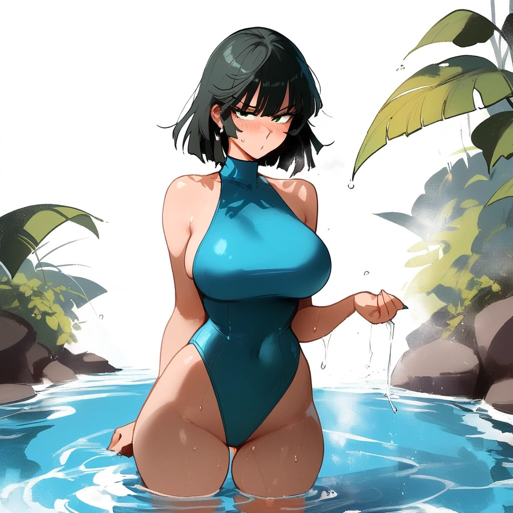 1girl, fubuki \(one-punch man\), one-punch man \\\\\ masterpiece, best quality, newest, , ///// nyantcha, khyle, cutesexyrobutts \\\\\ big breasts, thin waist, sweatdrop, blush, one-piece swimsuit,, solo, greenery, cropped legs, in water, from behind, ass focus