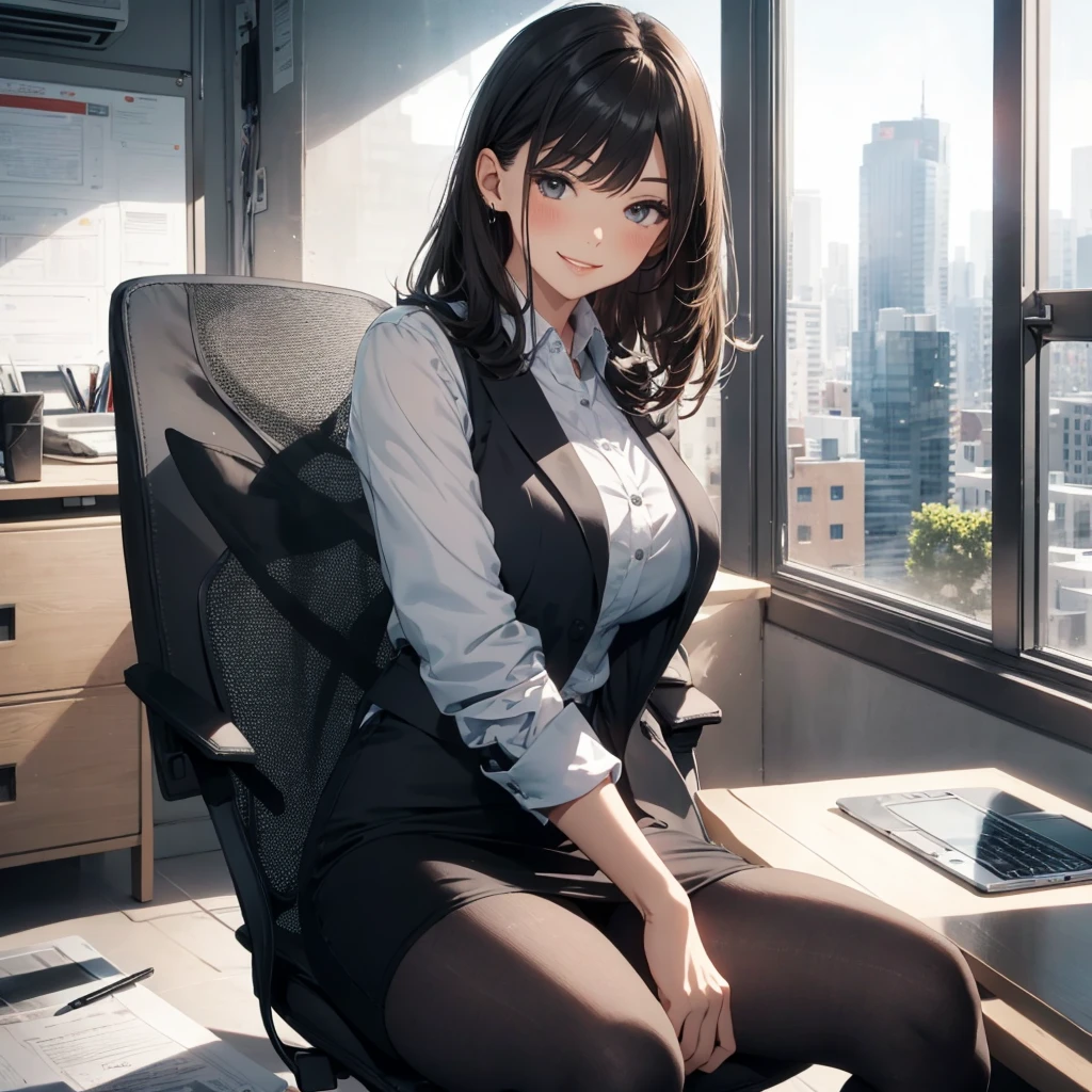 1lady sitting (crossed legs), office worker (stylish outfit), (gray vest) (pencil skirt), mature female, /(dark brown hair/) bangs, blush kind smile, (masterpiece best quality:1.2) delicate illustration ultra-detailed, large breasts, pantyhose BREAK (modern office indoors), window cityscape, detailed background