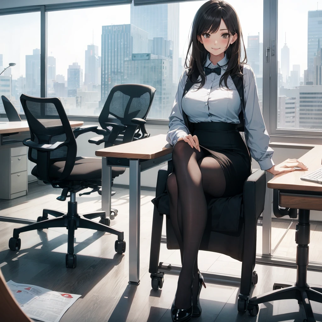 1lady sitting (crossed legs), office worker (stylish outfit), (gray vest) (pencil skirt), mature female, /(dark brown hair/) bangs, blush kind smile, (masterpiece best quality:1.2) delicate illustration ultra-detailed, large breasts, pantyhose BREAK (modern office indoors), window cityscape, detailed background