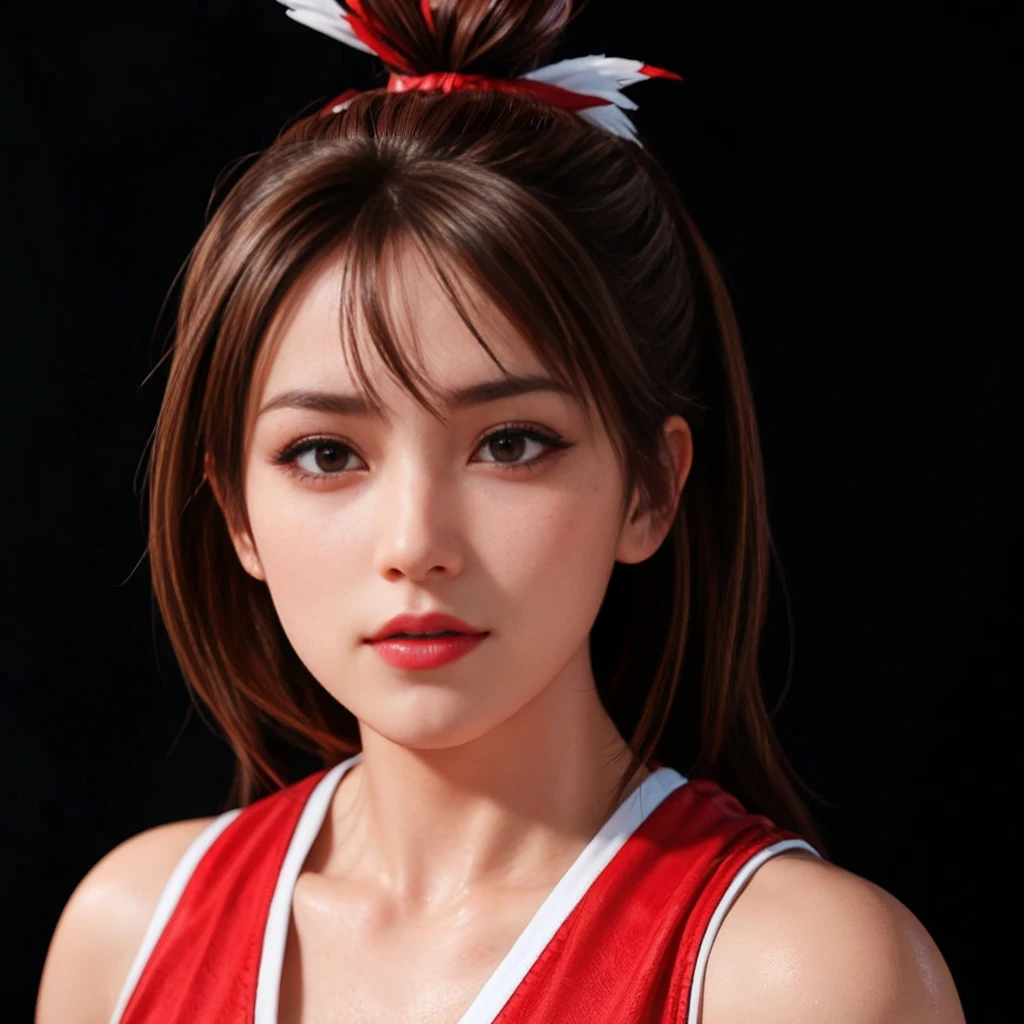 Mai Shiranui, (best quality,Ultra-detailed),(realistic:1.37), beautiful and detailed face, ultra-realistic texture, delicate face, athletic body, vivid colors. high definition, 8K, wearing red lipstick, rosy cheeks.