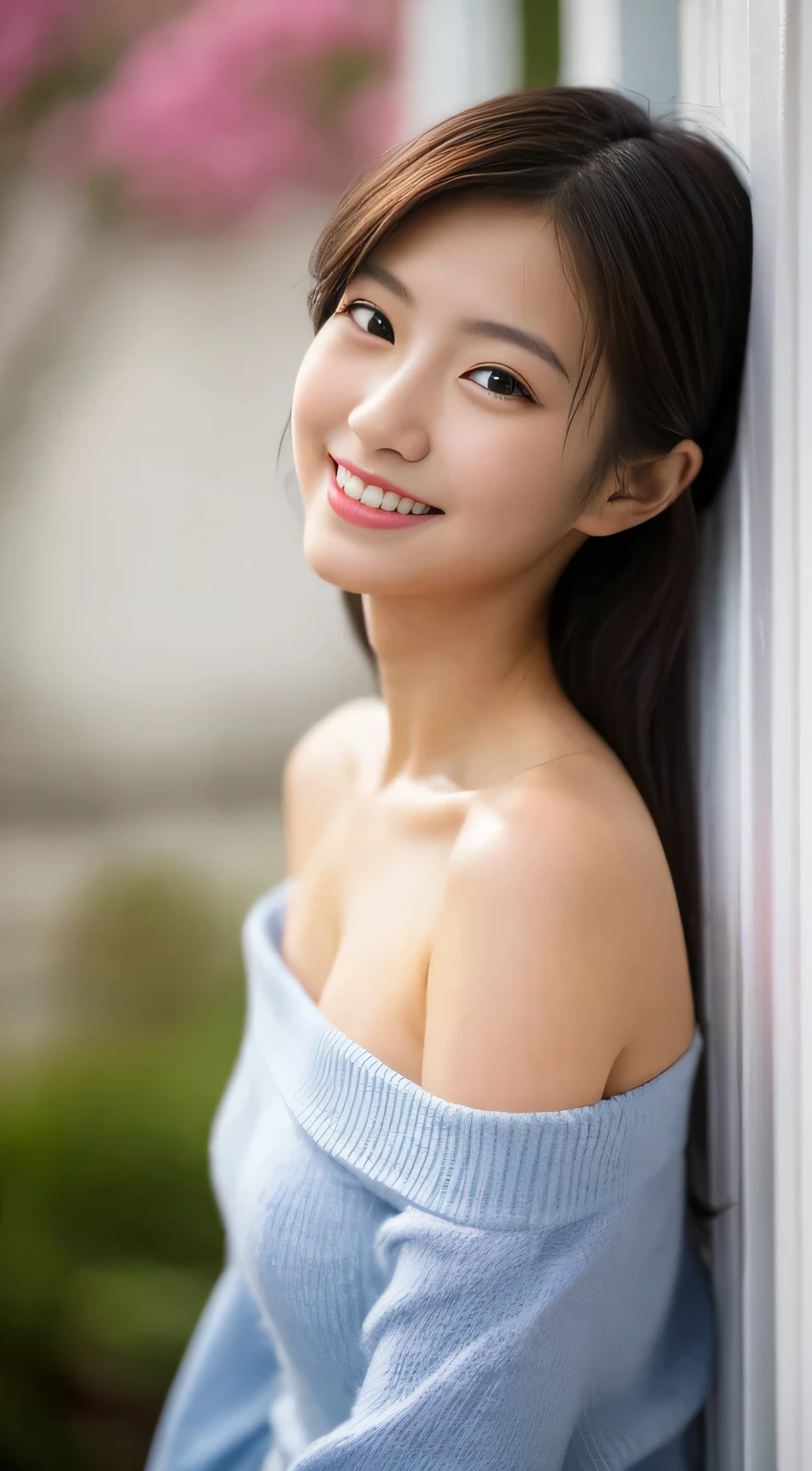 masterpiece,best quality,(Japanese girl),((Beautiful girl)),cleavage,(off shoulder:1.2),(perfect body beauty:1.2),(shy smile),From slightly above,