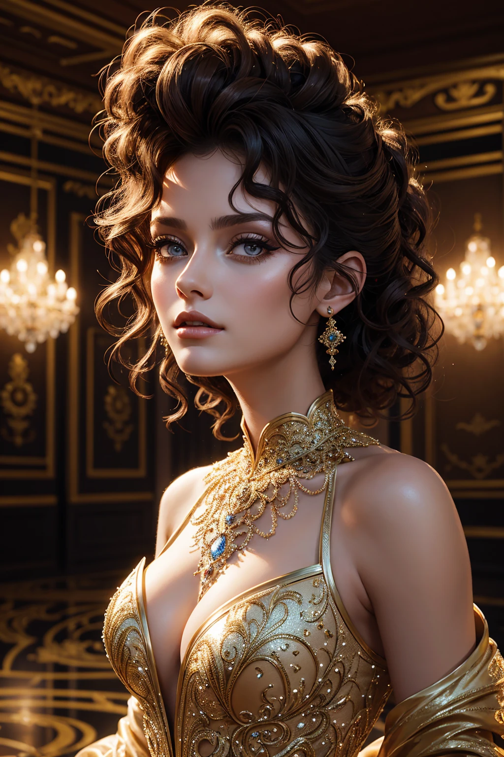 portrait Paris Jackson, wearing ball gown costume, against the background of the ballroom, character portrait, 7 9 9 0 s, curly hair, intricate, elegant, highly detailed, digital painting, artstation, concept art, smooth, sharp focus, illustration, art by wlop, charlie bowater and alexandra fomina, 36k, glittering, shining, correct anatomy