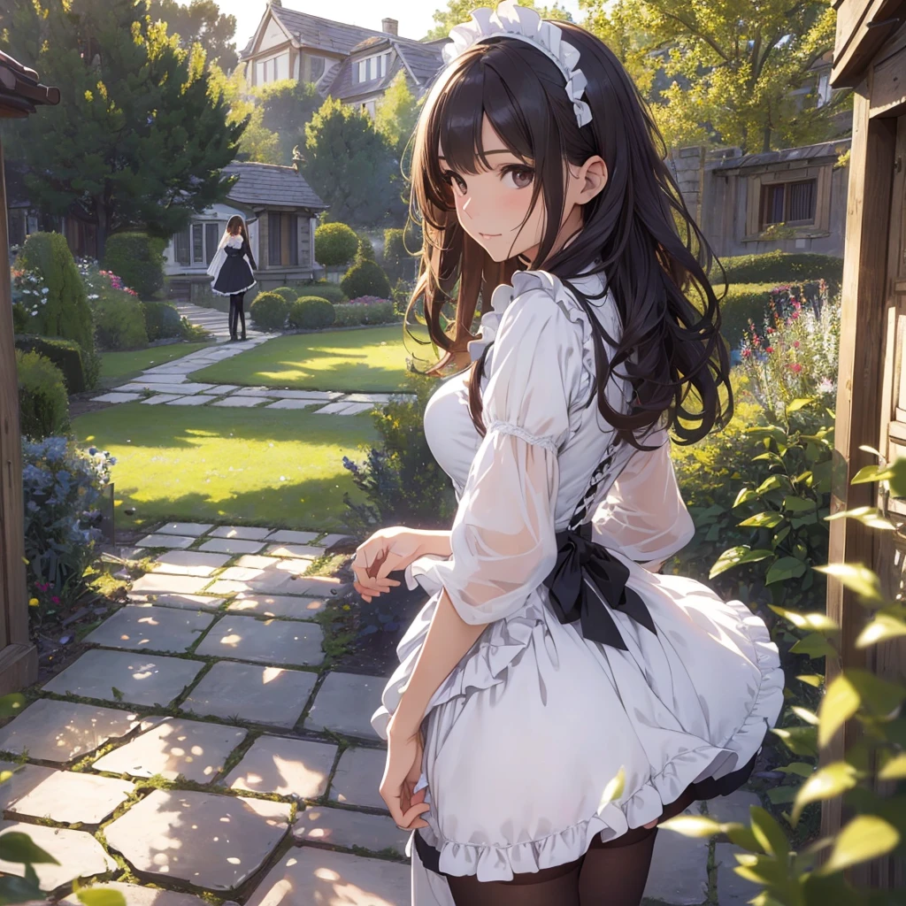 masterpieces,best quality,(ultra_detailed),3D,(realistic:1.9),(photorealistic:1.9),(light falloff at edges:1.9),shallow depth of field,sensual girl,in garden,at morning,western‐style house in the background,plump,(brown _pantyhose,)wavy long hair,built bangs,drooping eyes,wide-set eyes,lovely round eyes,looking away,round face, (maid costume),