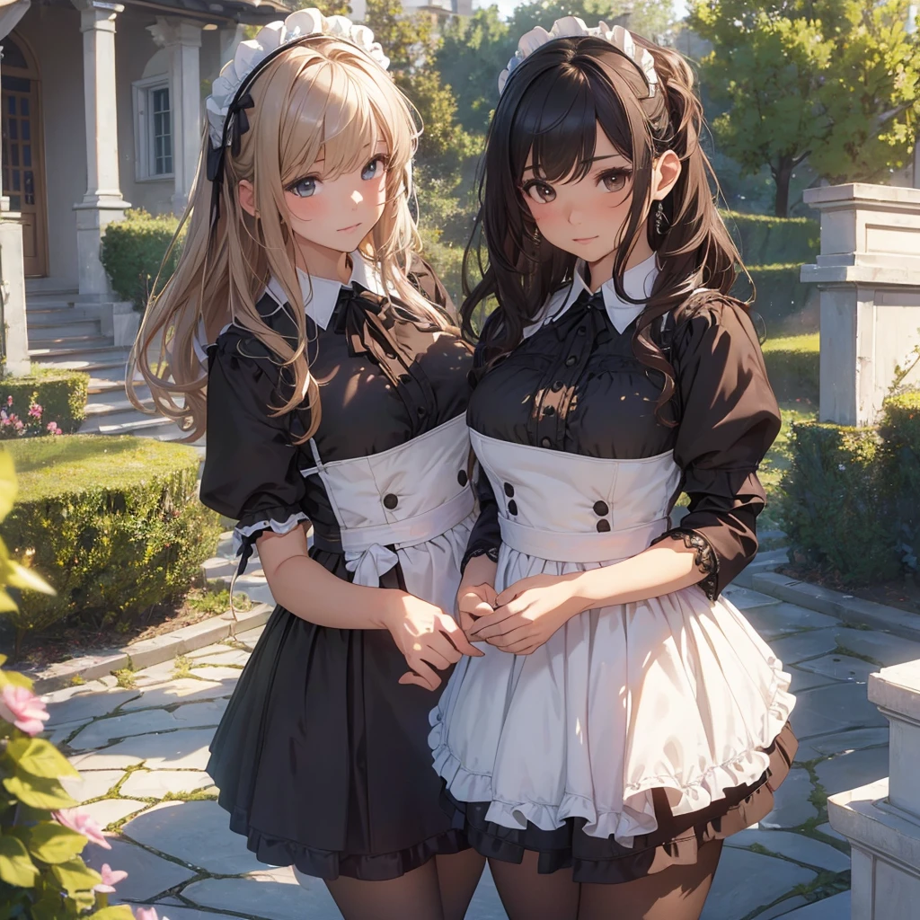 masterpieces,best quality,(ultra_detailed),3D,(realistic:1.9),(photorealistic:1.9),(light falloff at edges:1.9),shallow depth of field,sensual girl,in garden,at morning,western‐style house in the background,plump,(brown _pantyhose,)wavy long hair,built bangs,drooping eyes,wide-set eyes,lovely round eyes,looking away,round face, (maid costume),