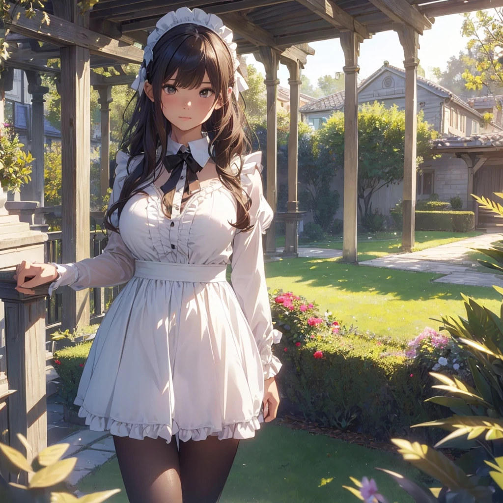 masterpieces,best quality,(ultra_detailed),3D,(realistic:1.9),(photorealistic:1.9),(light falloff at edges:1.9),shallow depth of field,sensual girl,in garden,at morning,western‐style house in the background,plump,(brown _pantyhose,)wavy long hair,built bangs,drooping eyes,wide-set eyes,lovely round eyes,looking away,round face, (maid costume),