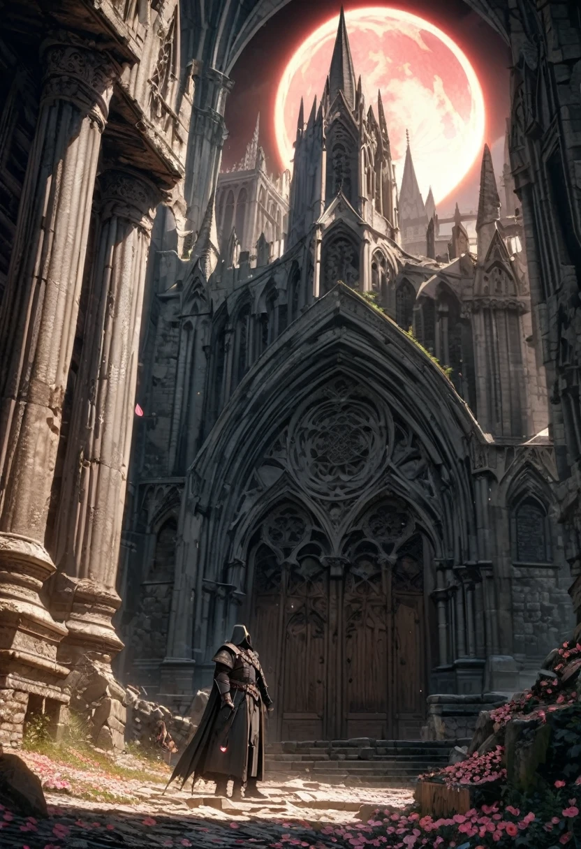Anime aesthetics, Fantasy Landscape, Medieval Cathedral, Broken wall, Tall old wooden door, Black Old Brooks, Broken road leading to the old cathedral, Red Solar Eclipse, Many pink flowers with pointed petals, Dark Souls 3 Eclipse, Wide Shot, Front view, Violent Solar Eclipse, Tragic atmosphere, Sad mood, 4K, masterpiece:1.4, Highest quality,4K,High resolution ultra-detail, retina