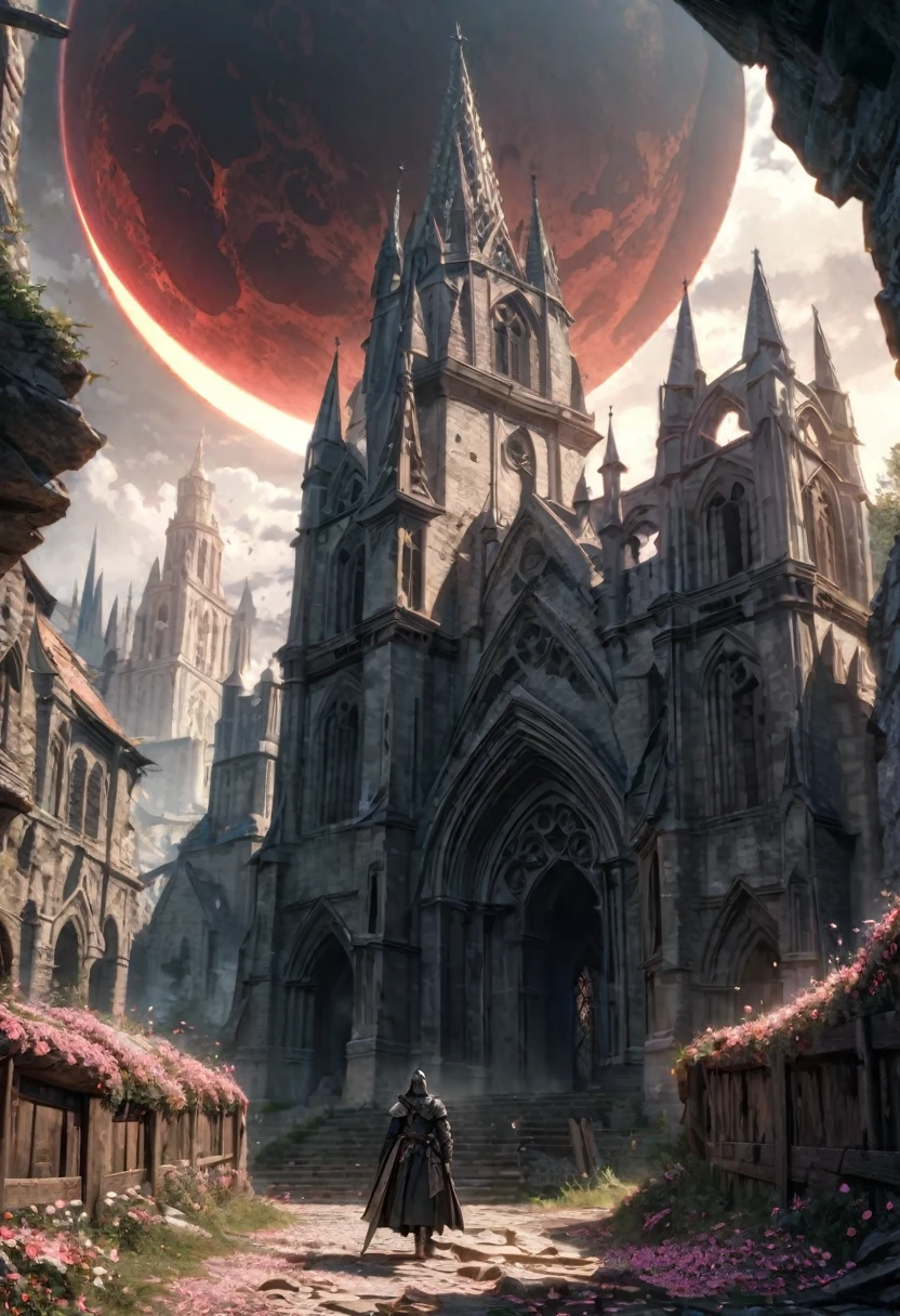 Anime aesthetics, Fantasy Landscape, Medieval Cathedral, Broken wall, Tall old wooden door, Black Old Brooks, Broken road leading to the old cathedral, Red Solar Eclipse, Many pink flowers with pointed petals, Dark Souls 3 Eclipse, Wide Shot, Front view, Violent Solar Eclipse, Tragic atmosphere, Sad mood, 4K, masterpiece:1.4, Highest quality,4K,High resolution ultra-detail, retina