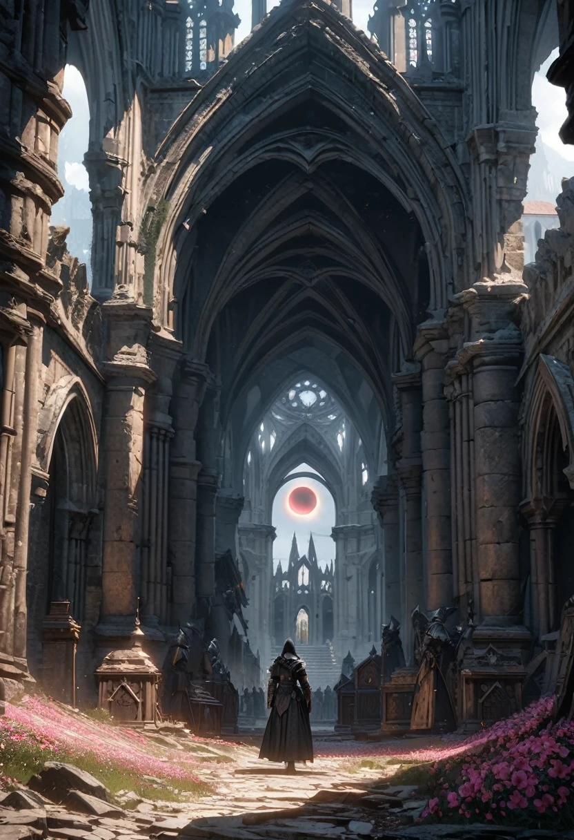 Anime aesthetics, Fantasy Landscape, Medieval Cathedral, Broken wall, Tall old wooden door, Black Old Brooks, Broken road leading to the old cathedral, Red Solar Eclipse, Many pink flowers with pointed petals, Dark Souls 3 Eclipse, Wide Shot, Front view, Violent Solar Eclipse, Tragic atmosphere, Sad mood,   4K, masterpiece:1.4, Highest quality,4K,High resolution ultra-detail, retina