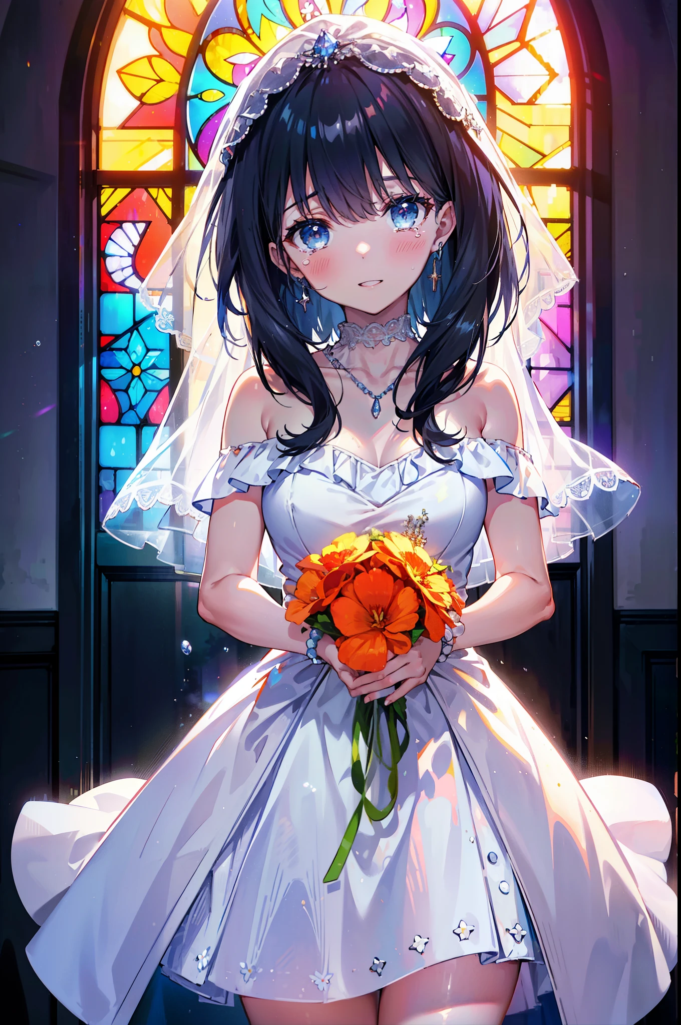 Rikka body, Black Hair, blue eyes, Long Hair, orange Scrunchie, Scrunchie, wrist Scrunchie,happy smile, smile, Open your mouth,blush,off-the-shoulder wedding dresses,necklace,Veil,Holding a bouquet in both hands,,Please close your eyes.,Tears stream down her face,Tears of joy,I cry a lot,Stained glass,
break looking at viewer, whole body,(Cowboy Shot:1. 5) break indoors, Chapel,church, break (masterpiece:1.2), Highest quality, High resolution, unity 8k wallpaper, (shape:0.8), (Beautiful attention to detail:1.6), Highly detailed face, Perfect lighting, Extremely detailed CG, (Perfect hands, Perfect Anatomy),