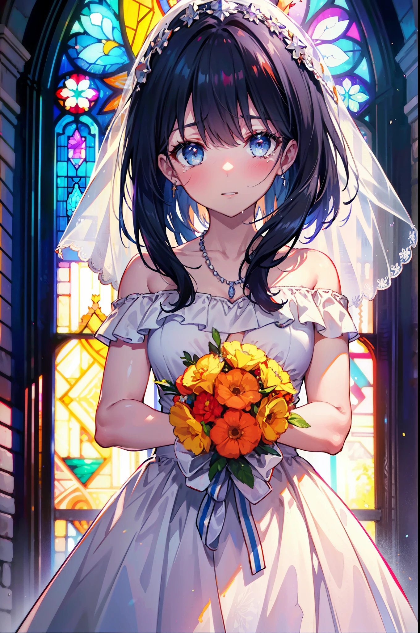 Rikka body, Black Hair, blue eyes, Long Hair, orange Scrunchie, Scrunchie, wrist Scrunchie,happy smile, smile, Open your mouth,blush,off-the-shoulder wedding dresses,necklace,Veil,Holding a bouquet in both hands,,Please close your eyes.,Tears stream down her face,Tears of joy,I cry a lot,Stained glass,
break looking at viewer, whole body,(Cowboy Shot:1. 5) break indoors, Chapel,church, break (masterpiece:1.2), Highest quality, High resolution, unity 8k wallpaper, (shape:0.8), (Beautiful attention to detail:1.6), Highly detailed face, Perfect lighting, Extremely detailed CG, (Perfect hands, Perfect Anatomy),