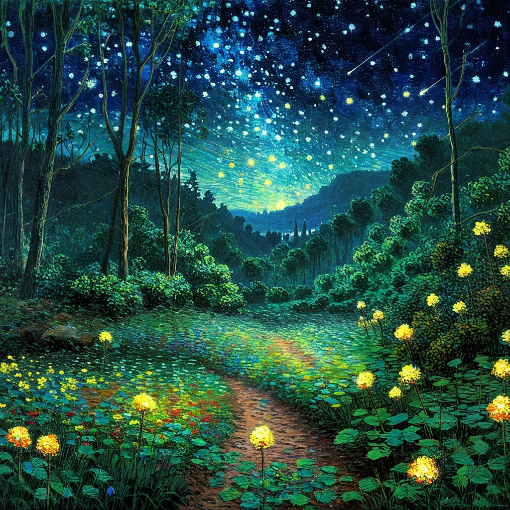 (Claude Monet),forest,night,Meteors ,(landscape、forest细节) ,( Lonely),Claude Monet style
