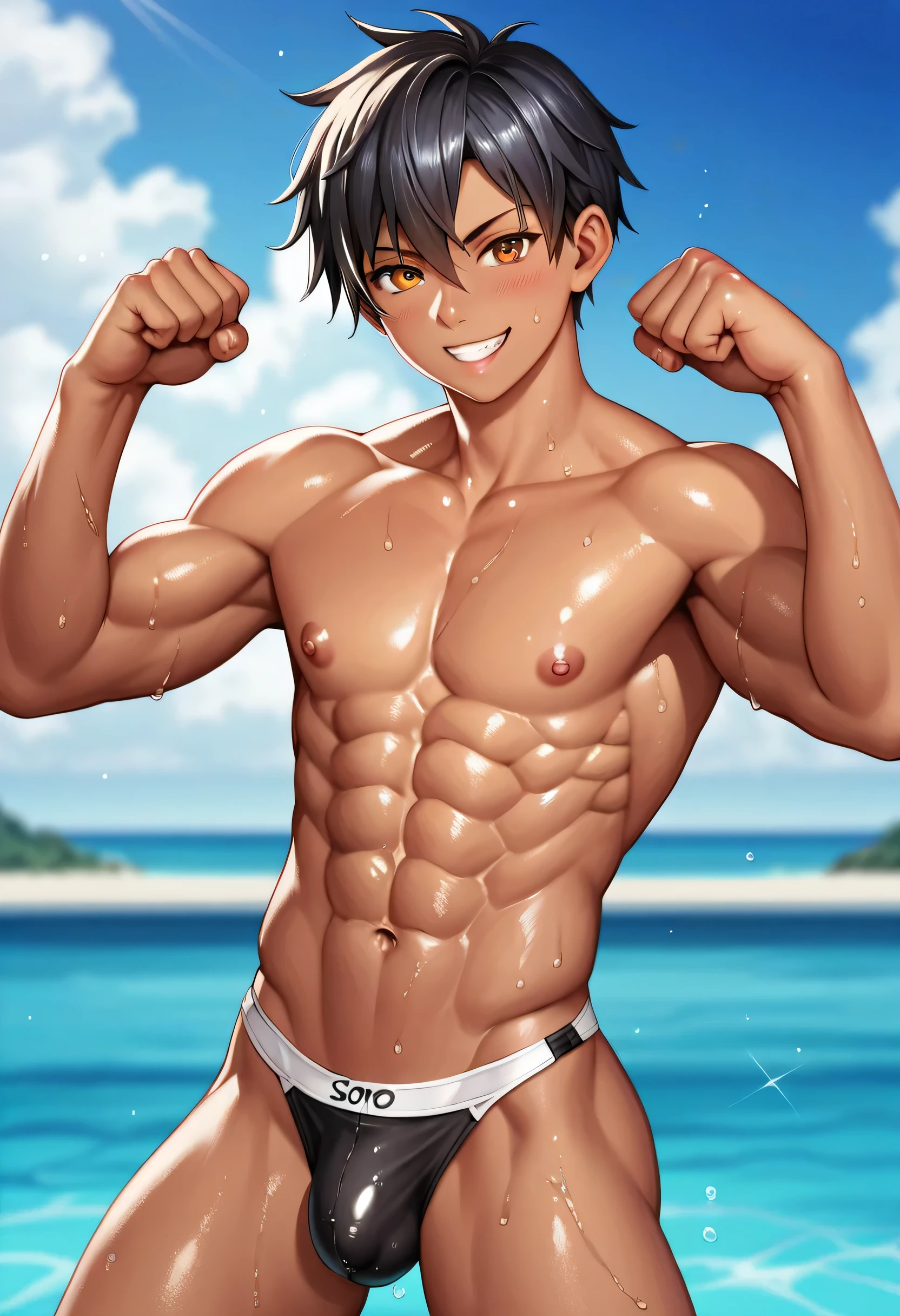 high quality,flexing, (soro japanese  boy:1.5), (detailed eyes), (black short hair), (muscle:1.5), naked, (dark wet skin), (detailed puffy nipples), black tiny thong, bulge, smirk, looking at viewer,