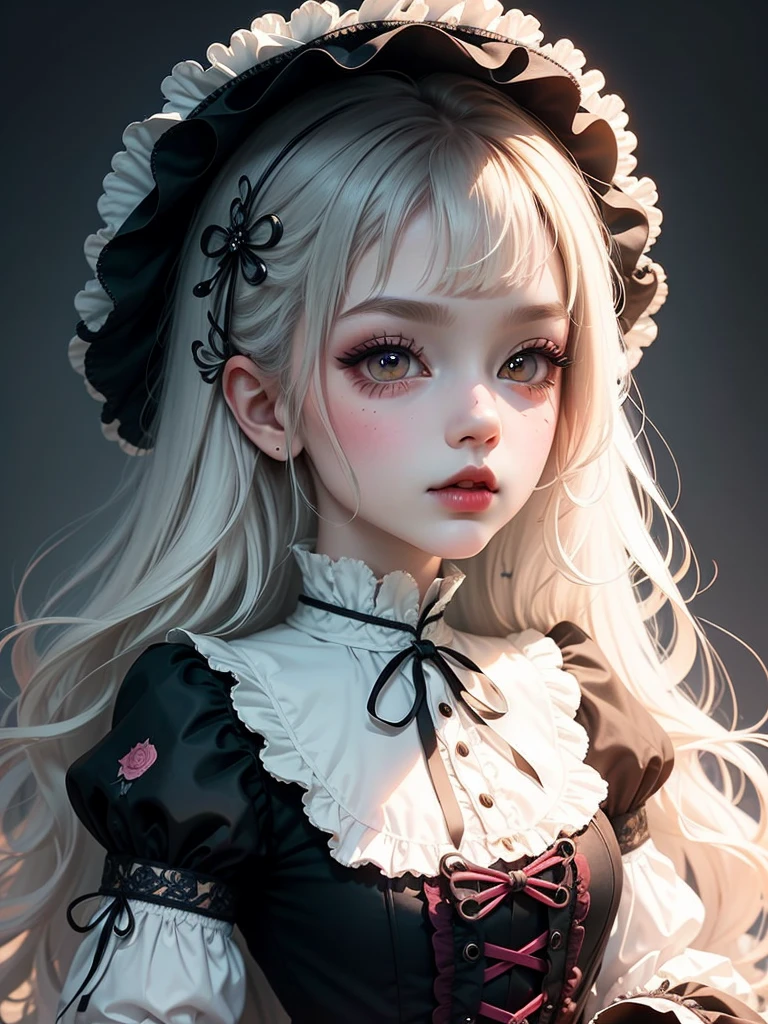 Beautiful Hardcore illustration homepage illustration style,exquisite facial features,The eyes are bright,chibiStyle,Dark,gothic barbie doll,Lolita skirt,delicate linework,3 Rendering