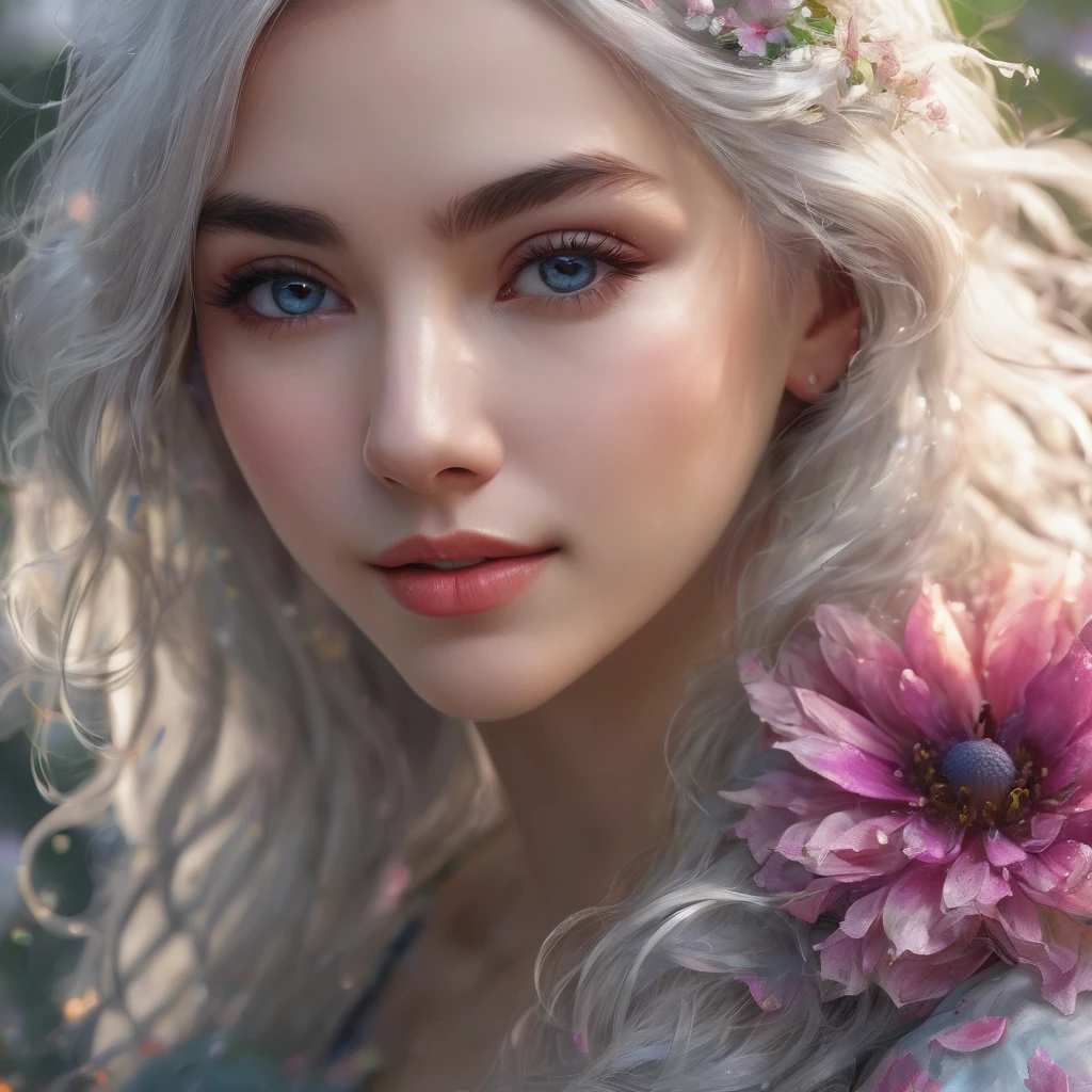 Beautiful detailed eyes, beautiful detailed lips, extremely detailed eyes and face, long eyelashes, 1girl, white hair, smiling, looking at viewer, adult, fully mature, holding flower, (best quality, 4k, 8k, highres, masterpiece:1.2), ultra-detailed, (realistic, photorealistic, photo-realistic:1.37), HDR, UHD, studio lighting, ultra-fine painting, sharp focus, physically-based rendering, extreme detail description, professional, vivid colors, bokeh, portrait