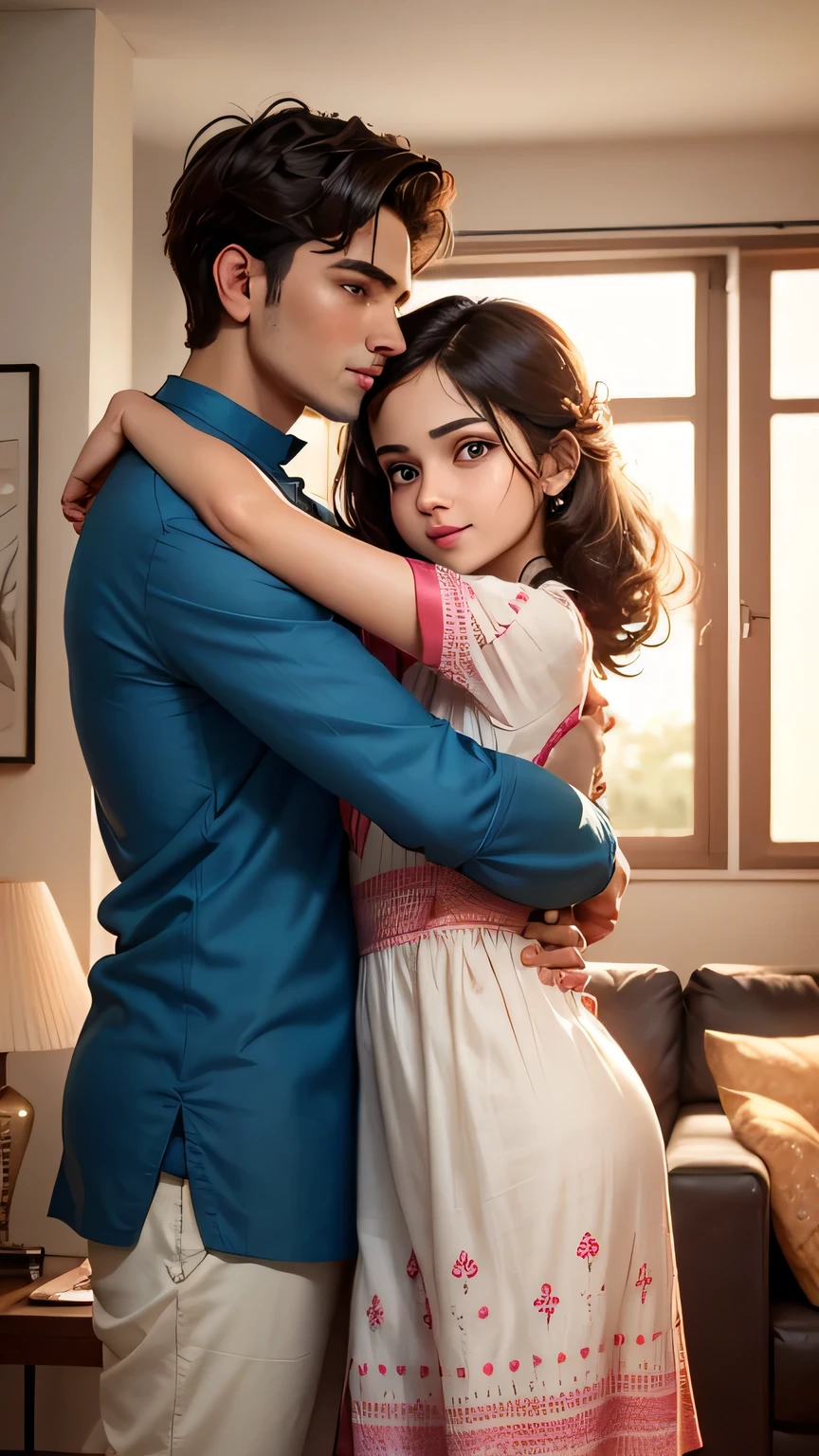 One beautiful girl and beautiful Boy are stand in living Room and  hugging each other and face not looking in camera,
expression is happy  , girl clothes is a Kurtis  ,