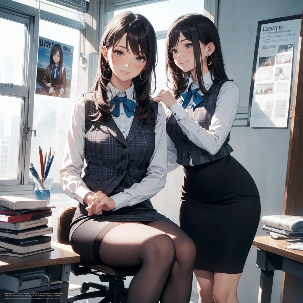 (Best Quality, Masterpiece),Wearing a pink plaid vest, White short sleeved shirt, Gray pencil skirt, Wear stiletto heels, Necklace, earrings, Cute face, Smile, Blushing, Shyness, Glass wall, Ultra Detail, Realistic, Front view, Whole body, stunning, cute, warm smile, hourglass figure, apron, text, chart, advertising, magazine title(Best Quality, Masterpiece), Mag((((1ladyl,)))) (masterpiece), (realistic), (best quality), (ultra-detailed), (wearing in [[white and gray check pattern]] Vest worn over white collared long-sleeved shirt:1.4), (gray vest with buttons:1.2), (Pink Theme:1.2), (blue ribbon ribbon:1.3), (Black theme:1.4), (Tight black pencil skirt:1.5), ((Brown pantyhose)), (high-heels:1.1),longskirt,office desk, office chair,Lulubre Unity 8K Wallpaper, pantyshot, long brown hair, office lady Magazine Cover, 1girl,  amazing, girl, 30 years old, house wiife, warm smile, hourglass figure, text, chart, advertising, magazine title