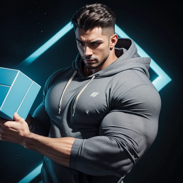 a very handsome and young man, with a massively muscular body, with a wide and muscular upper part of the body, with massively large muscles, with very defined muscles, with a defined and massively muscular belly, with massively large, muscular arms and toned, with massively large, muscular and defined biceps, wearing a simple gray hoodie with long sleeves, on a black background, holding a bright blue cube, close-up view, seen up close
