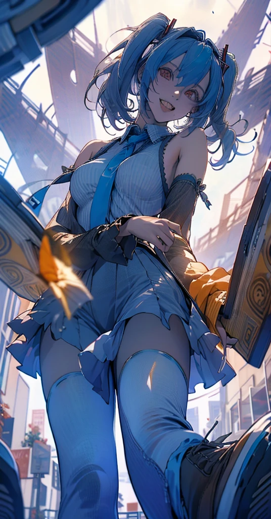 masterpiece, hatsune miku, White shirt, Blue tie, Exposing shoulders, The sleeves are separated, Evil Smiley Face, Dark Skin, Red eyes, Iris, Pupil orange,nude
