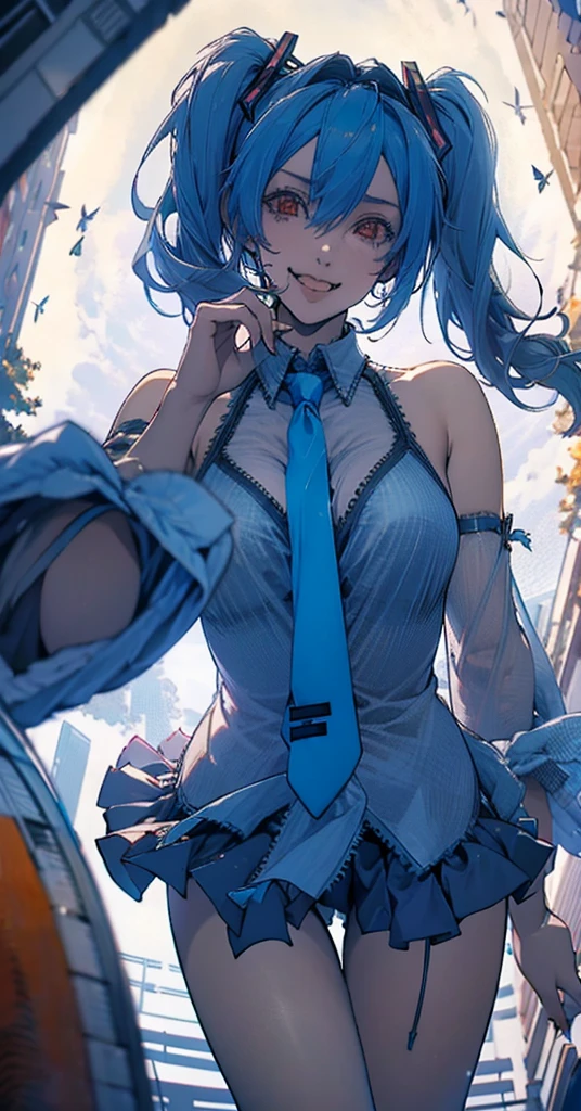 masterpiece, hatsune miku, White shirt, Blue tie, Exposing shoulders, The sleeves are separated, Evil Smiley Face, Dark Skin, Red eyes, Iris, Pupil orange,nude