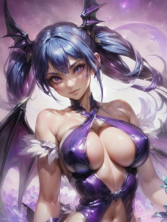 a close-up of a woman in a purple and blue outfit, morrigan, Morrigan Aensland, extremely detailed Artgerm, beautiful succubus, Artgerm detailed, Artgerm. high detail, model | Artgerm, as seen on Artgerm, seductive anime girl, Artgerm 4 k, Artgerm style