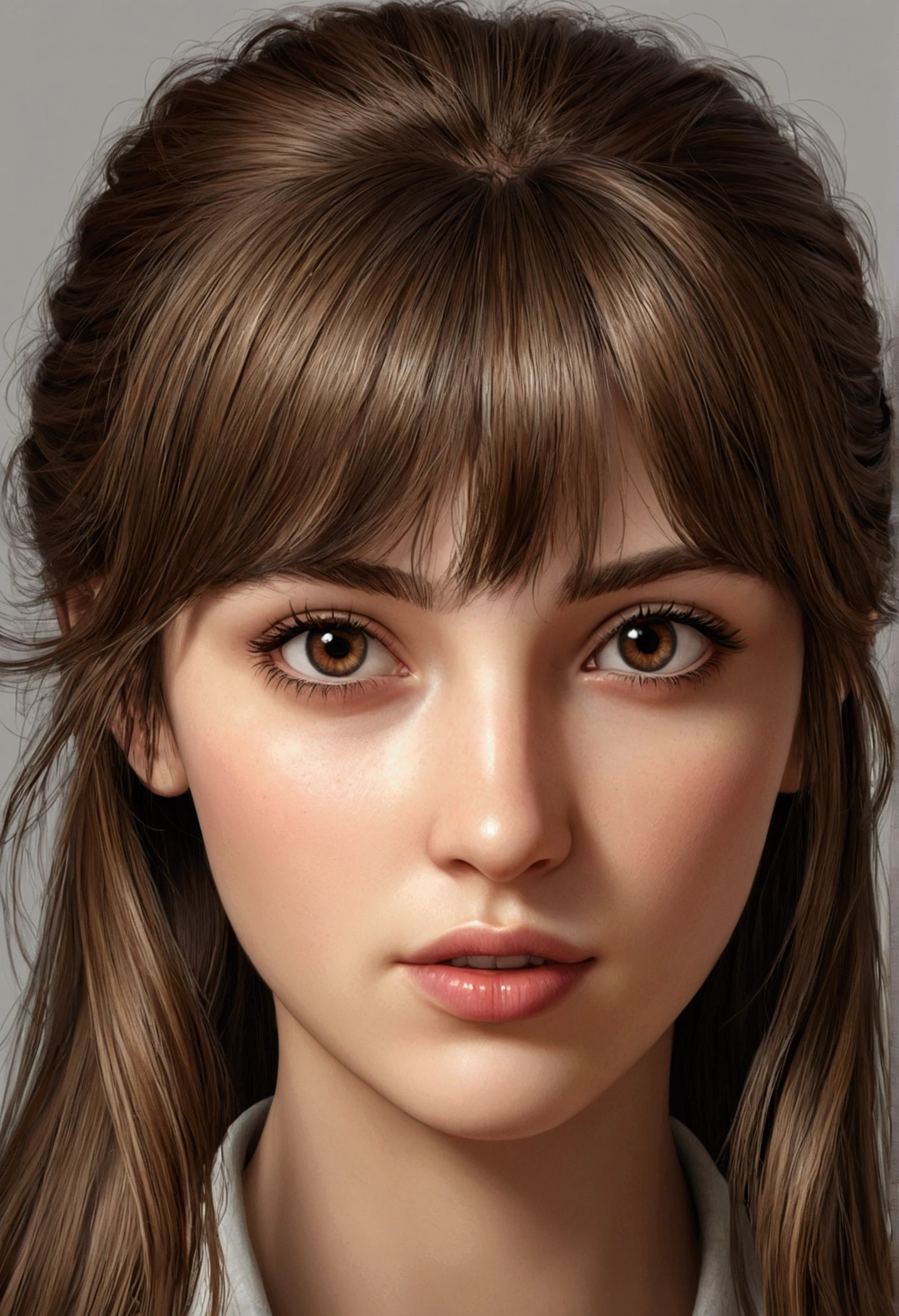 (realistic:1.2), 1 fille, brown-hair, Brown eyes,front, Detailed face, nice eyes, realistic, fringe, bouton, split lips