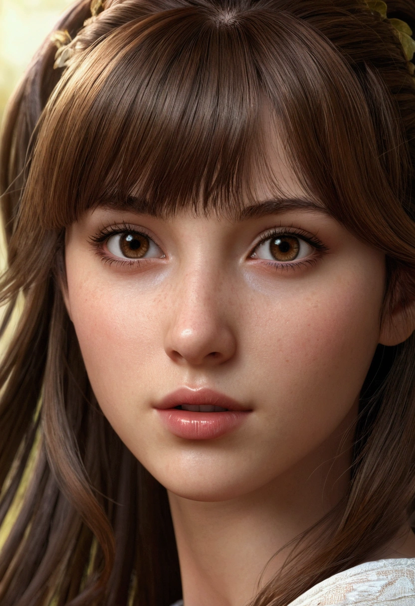 (realistic:1.2), 1 fille, brown-hair, Brown eyes,front, Detailed face, nice eyes, realistic, fringe, bouton, split lips