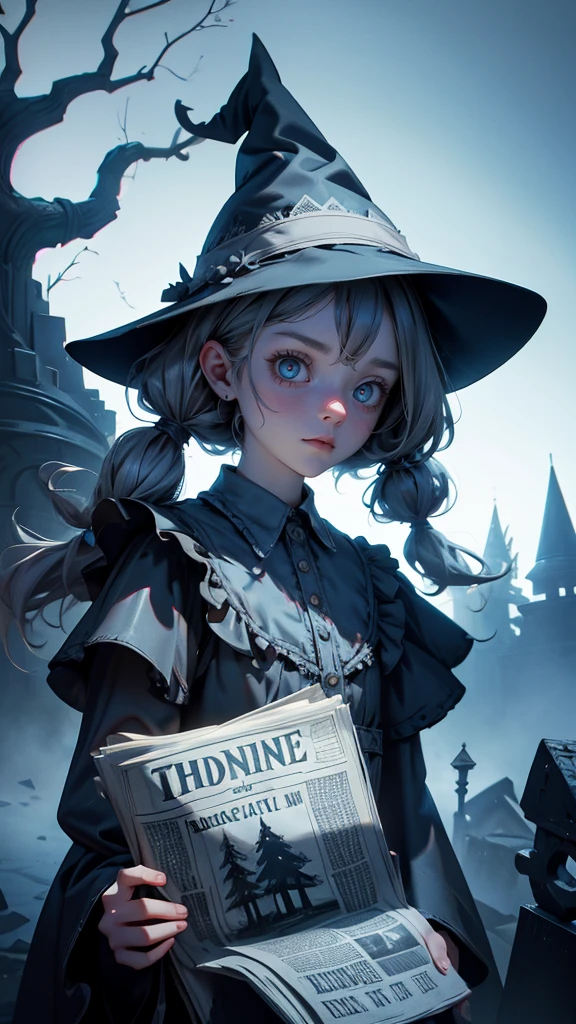 A cute little zombie girl wearing an old wizard hat holds up the newspaper with text that reads "HOUSE OF Torchon whites are EN籁nINK4mamental amusement" in the style of a cartoon. She has messy pigtails and a tattered dress. The background is dark and foggy, creating a mysterious atmosphere. It has surreal elements like ghostly trees and glowing eyes. Pixar's 3D animation techniques bring out the whimsical yet eerie feel of these characters and their surroundings with minimal editing of the original text. --ar