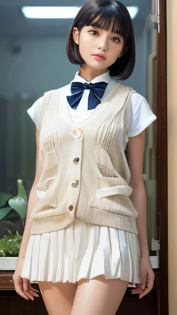 (masterpiece:1.2, Highest quality), (Realistic, photoRealistic:1.4), Beautiful illustrations, (Natural Side Lighting, Cinema Lighting), Written boundary depth, Looking at the audience, (Face Focus, Upper Body), Front view, 1 girl, Japanese, high school girl, , Perfect Face, Symmetrical cute face, Glowing Skin, (Bob Hair:1.7,Black Hair), Asymmetrical bangs, Big eyes, Droopy eyes, long eyelashes chest), thin, Beautiful Hair, Beautiful Face, Beautiful and beautiful eyes, Beautiful clavicle, Beautiful body, Beautiful breasts, Beautiful thighs, Beautiful legs, Beautiful fingers, ((Quality fabric texture, brown knit vest, Short sleeve white collar shirt, Navy Pleated Skirt, Navy bow tie)),(((White panties are visible:1.2))) (Beautiful views), evening, (Inside the flower shop), Are standing, (smile, Superior, Open your mouth), (From below:1.5),(Poor visibility:1.5),