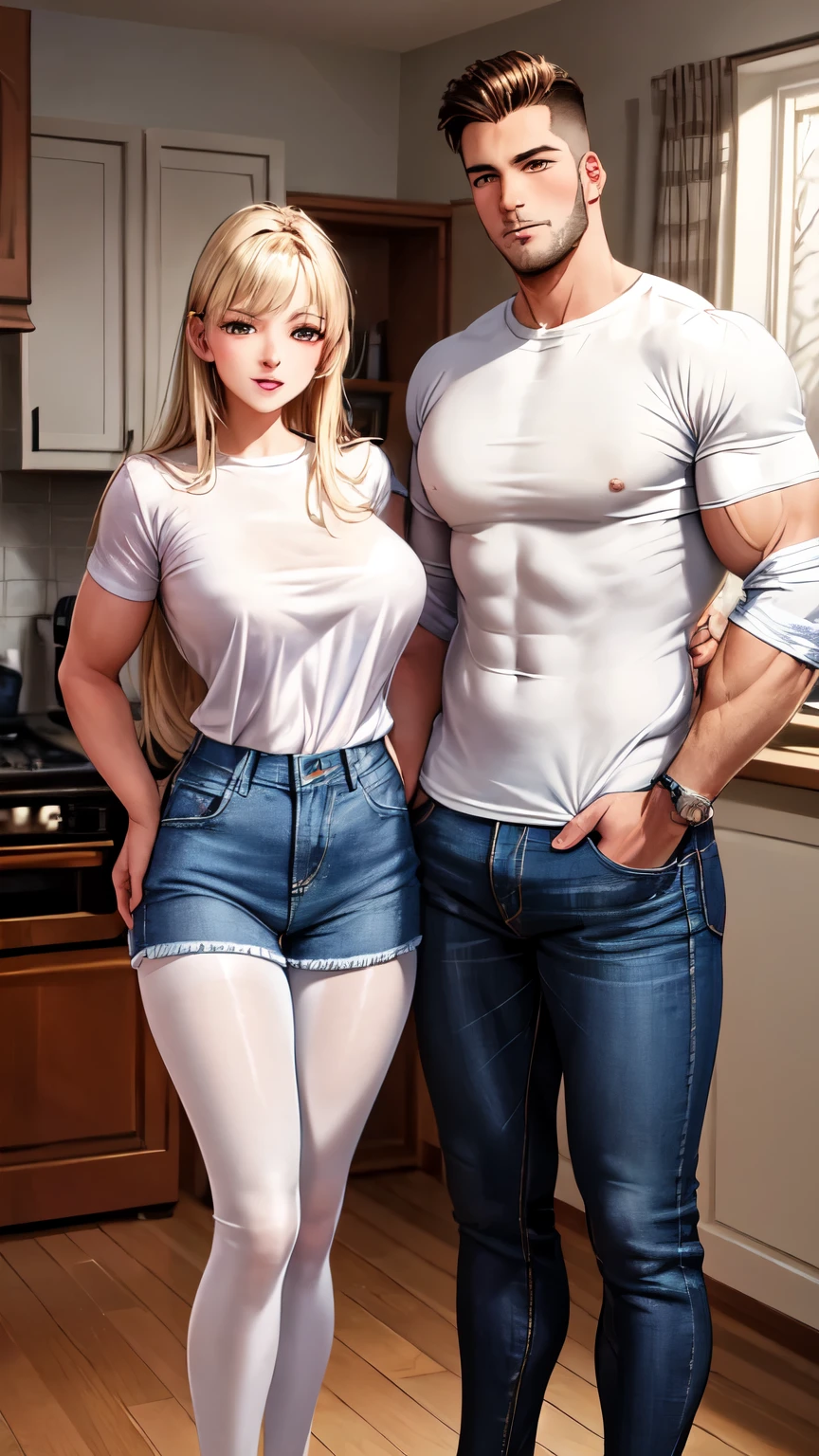 Lily and Jacob in their home, both tall bodybuilders, dressed in casual attire. Lily is in a slim Western dress with shiny pantyhose, while Jacob wears a casual shirt and jeans. The setting is cozy and welcoming.