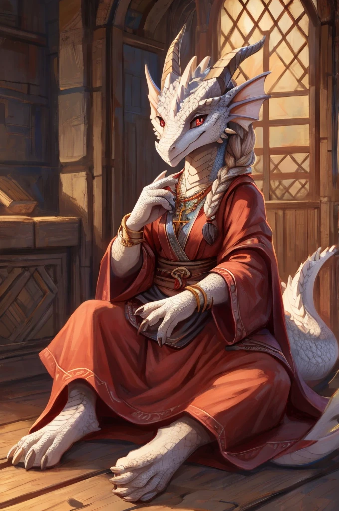 white dragonborn, solo, looking at viewer, admiration in the eyes, red eyes, ((detailed hands, 4 fingers on hand, 4 toes)), female, small, cute, child, sitting cross-legged, pussy barely visible, skirt, on wooden floor, jewelry, tail, braid, earrings, horns, drawing, rubs her chin, necklace, bracelet, claws, colored sclera, dragon horns, robe, ((masterpiece, best quality)), master's apprentice, focus on face, drawing portrait