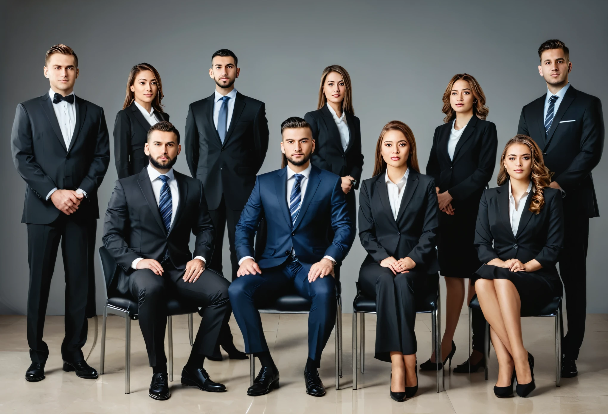 a group of 5 men and 5 women in formal business attire standing and sitting, confident and looking directly at the viewer, full body shot