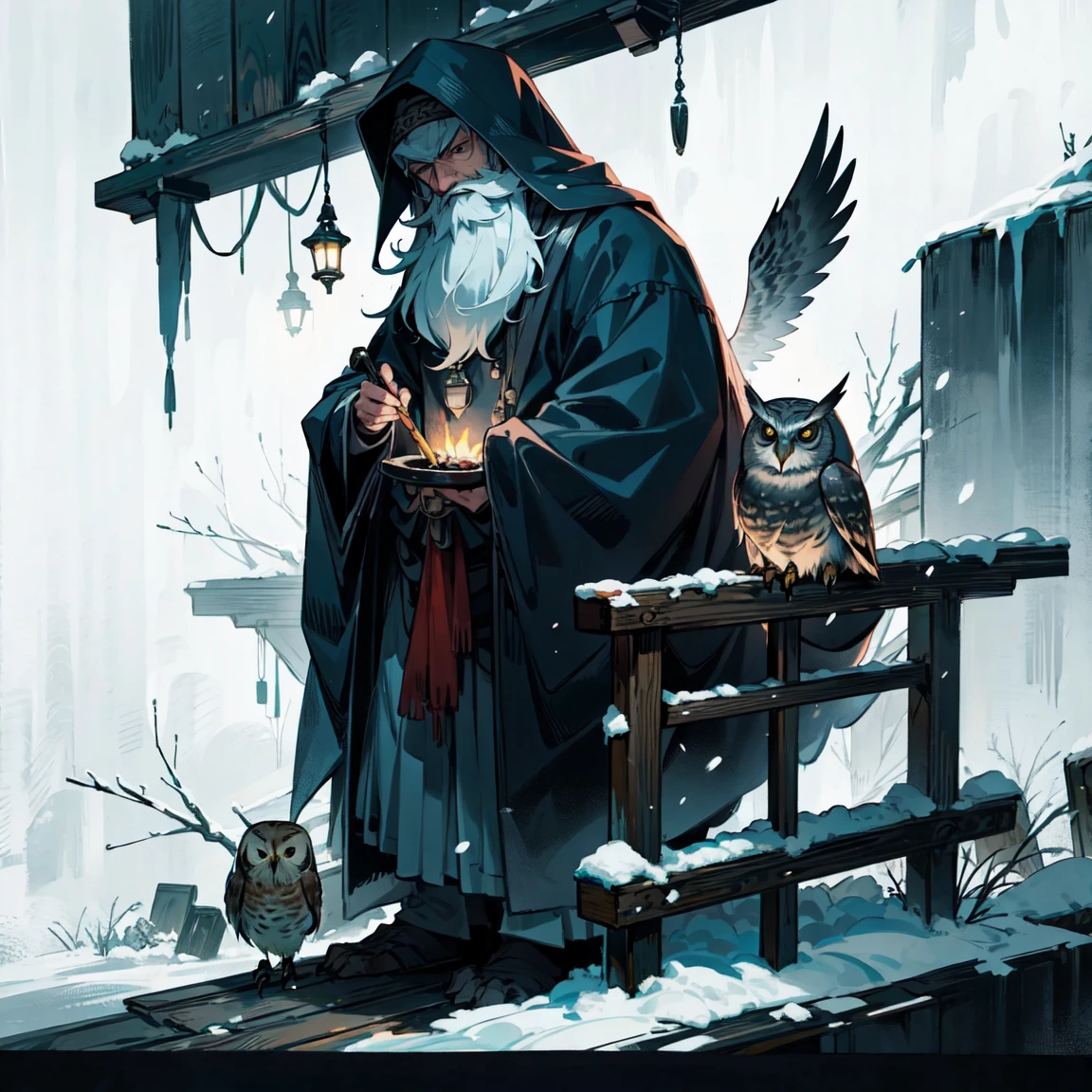 1man, hermit, short beard, owl, snow