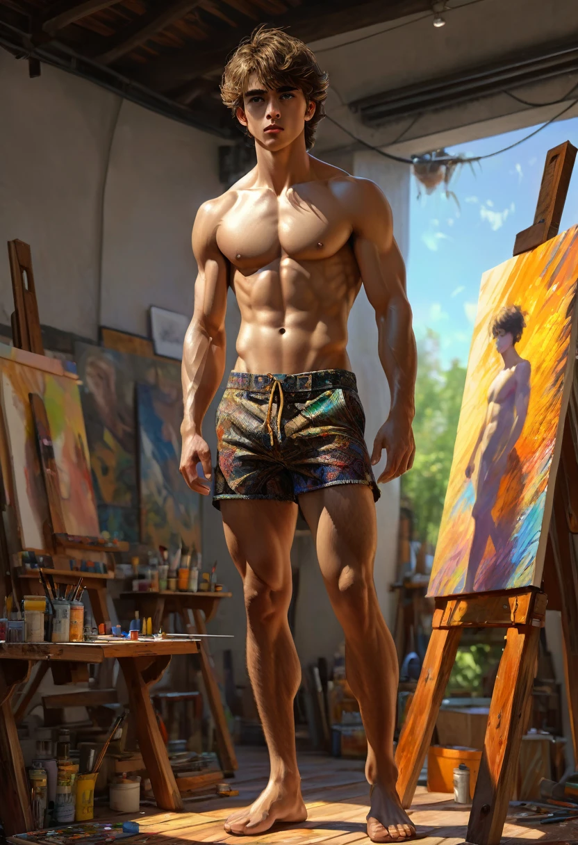 ((fullbody)) vista frontal Estilo Craig Mullins..., ((1 man models for painters in a painting workshop , shirtless, pantless, barefoot, standng on a wood pedestal)) art style, a 20 years old, fullbody, day light, divine proportions, athletic_toned_fitness_body, brown short hair, brown eyes, straight nose, thin lips, square chin, hard face, large eyes, hairy body, masculine gaze, handsome, realisitic skinny detailed muscles, master piece, artstation trending, ultra hd, realistic, vivid colors, highly detailed, UHD drawing, pen and ink, perfect composition, beautiful detailed intricate insanely detailed octane render trending on artstation, 8k artistic photography, photorealistic concept art, soft natural volumetric cinematic perfect light he is modeling for painters,
