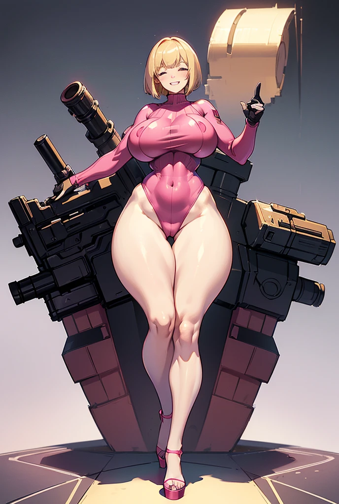 Young girl, Pullover, pink bodysuit , full suit, whole body to see, smile showing teeth, closed eyes , bob cut hair , (( very wide hips)), (((colossal Thighs, gigantic thighs, very huge thighs, very big thighs))), fullbody, platform heels, pale skin, big breast, gun, soldier girl, standing, front pose, blonde , Cyberpunk,