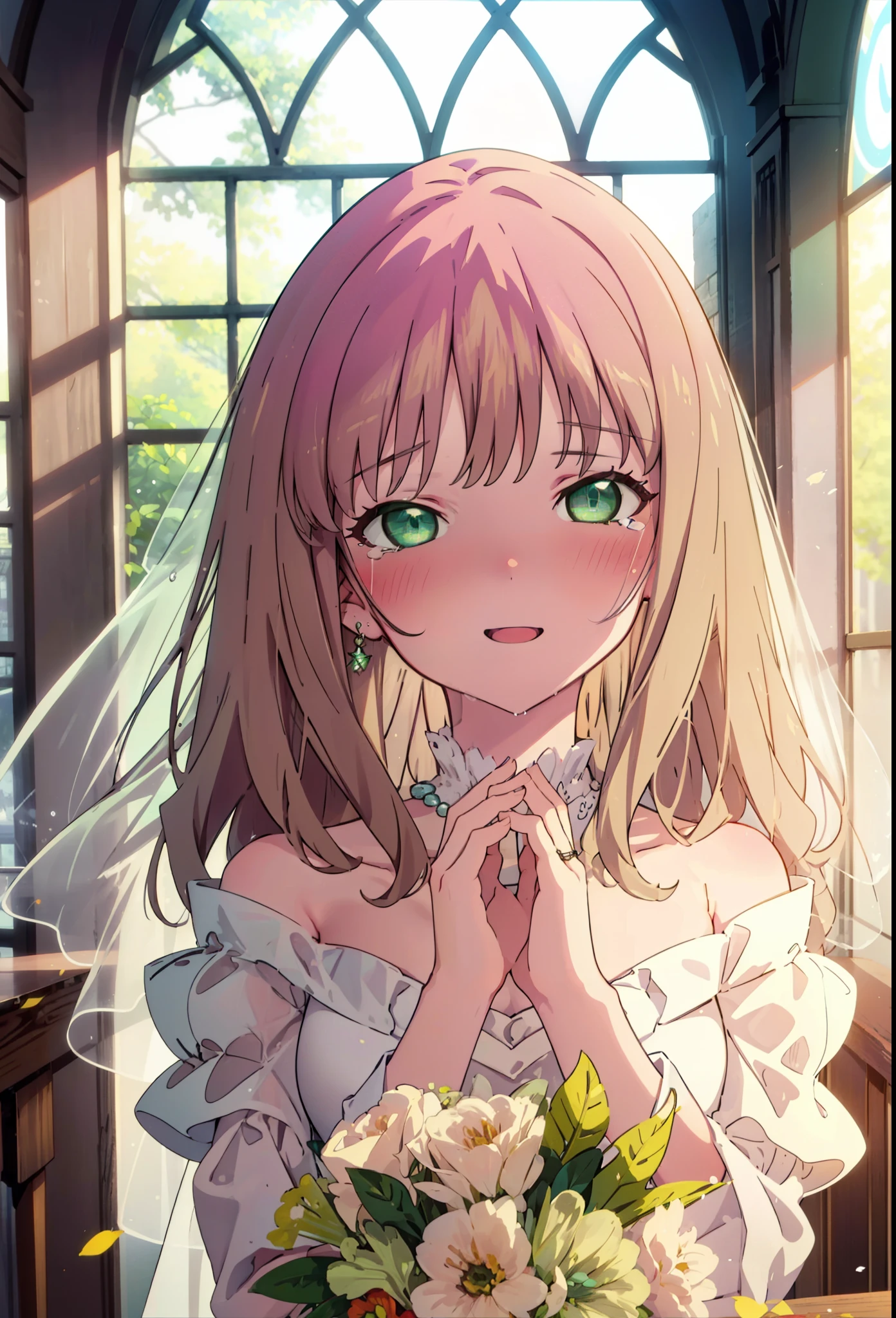 minami yume ,sss Dynazenon ,Long Hair, Brown Hair, (Green Eyes:1.5) ,blush,happy smile, smile, Open your mouth,off-the-shoulder wedding dresses,wedding long skirt,necklace,Veil,Holding a bouquet in both hands,,Tears stream down her face,Tears of joy,I cry a lot,Stand Glass,
break looking at viewer, whole body,(Cowboy Shot:1. 5) break indoors, Chapel,church, break (masterpiece:1.2), Highest quality, High resolution, unity 8k wallpaper, (shape:0.8), (Beautiful attention to detail:1.6), Highly detailed face, Perfect lighting, Extremely detailed CG, (Perfect hands, Perfect Anatomy),