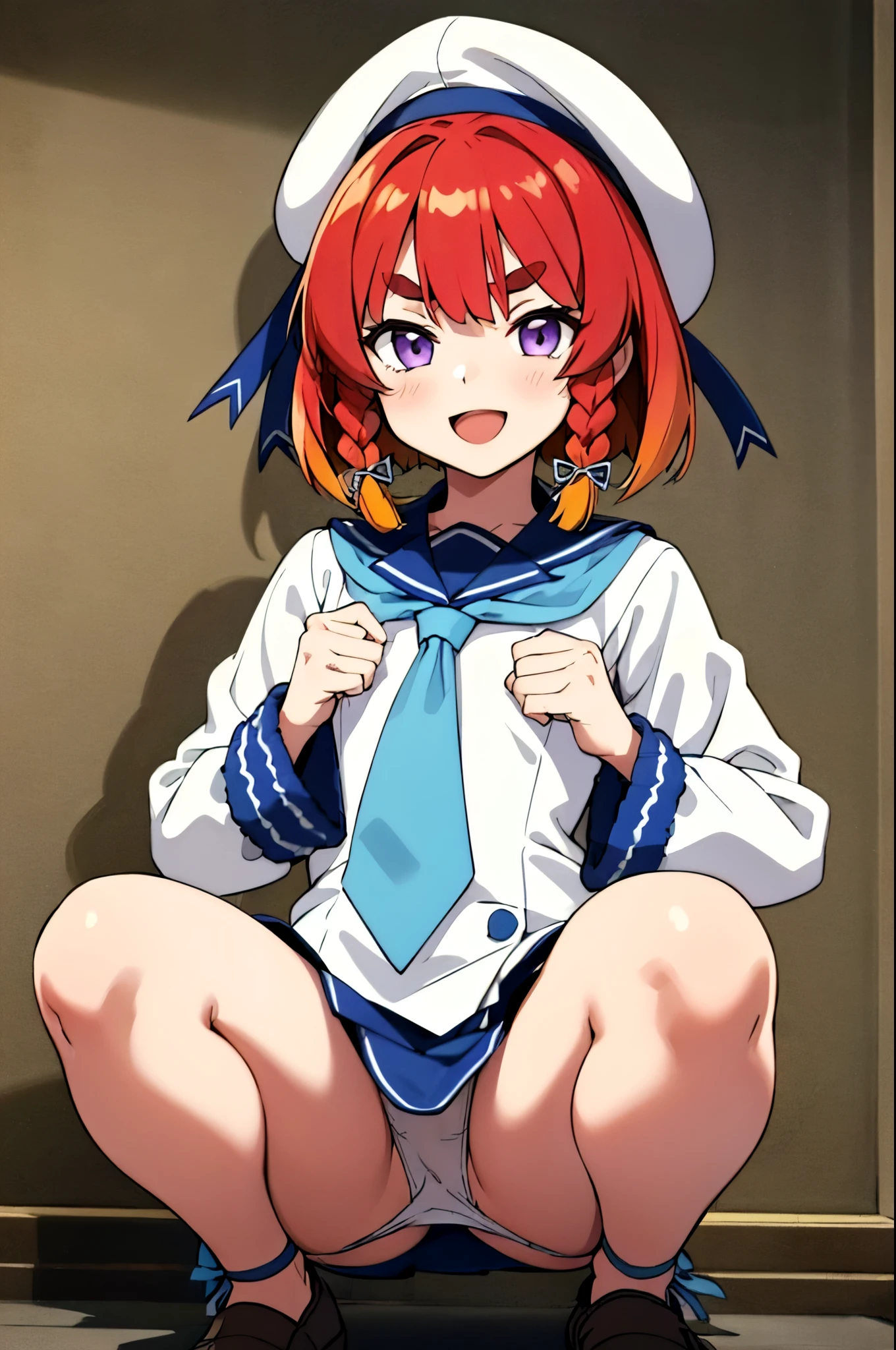 masterpiece, Highest quality,
One Girl, alone,
I had already finished, close, smile, Open your mouth,
Etorofu \(Fleet Collection\), short hair, Redhead, Bobcut, Twin Blade, Thick eyebrows, Purple eyes, Side braid, Twin Blade, , flat_chest,
, Seraphim, White Hat, Blue neckerchief, Blue Ribbon, Hair Ribbon, White gloves, (Panty shot), Squat