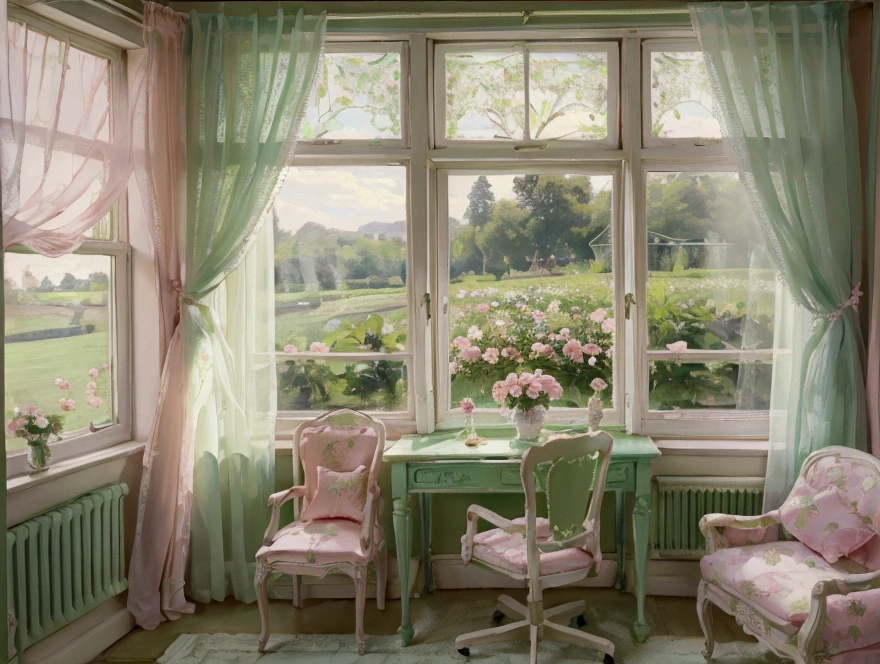 pastel colour green pink room Rose garden outside the window cute race curtain