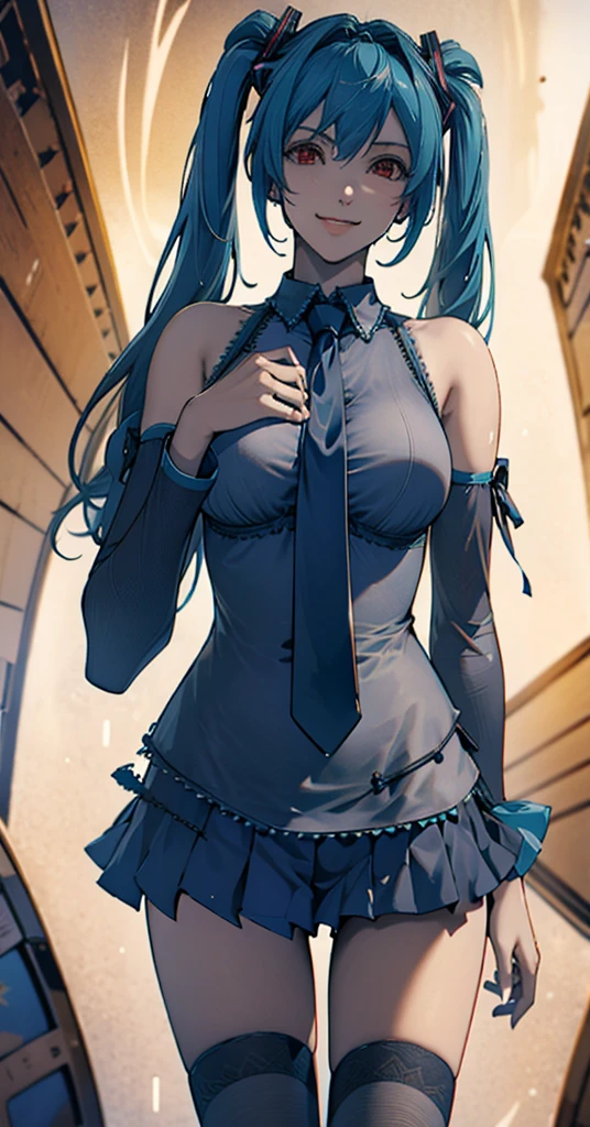 masterpiece, hatsune miku, White shirt, Blue tie, Exposing shoulders, The sleeves are separated, Evil Smiley Face, Dark Skin, Red eyes, Iris, Pupil orange,nude,The whole body is visible,