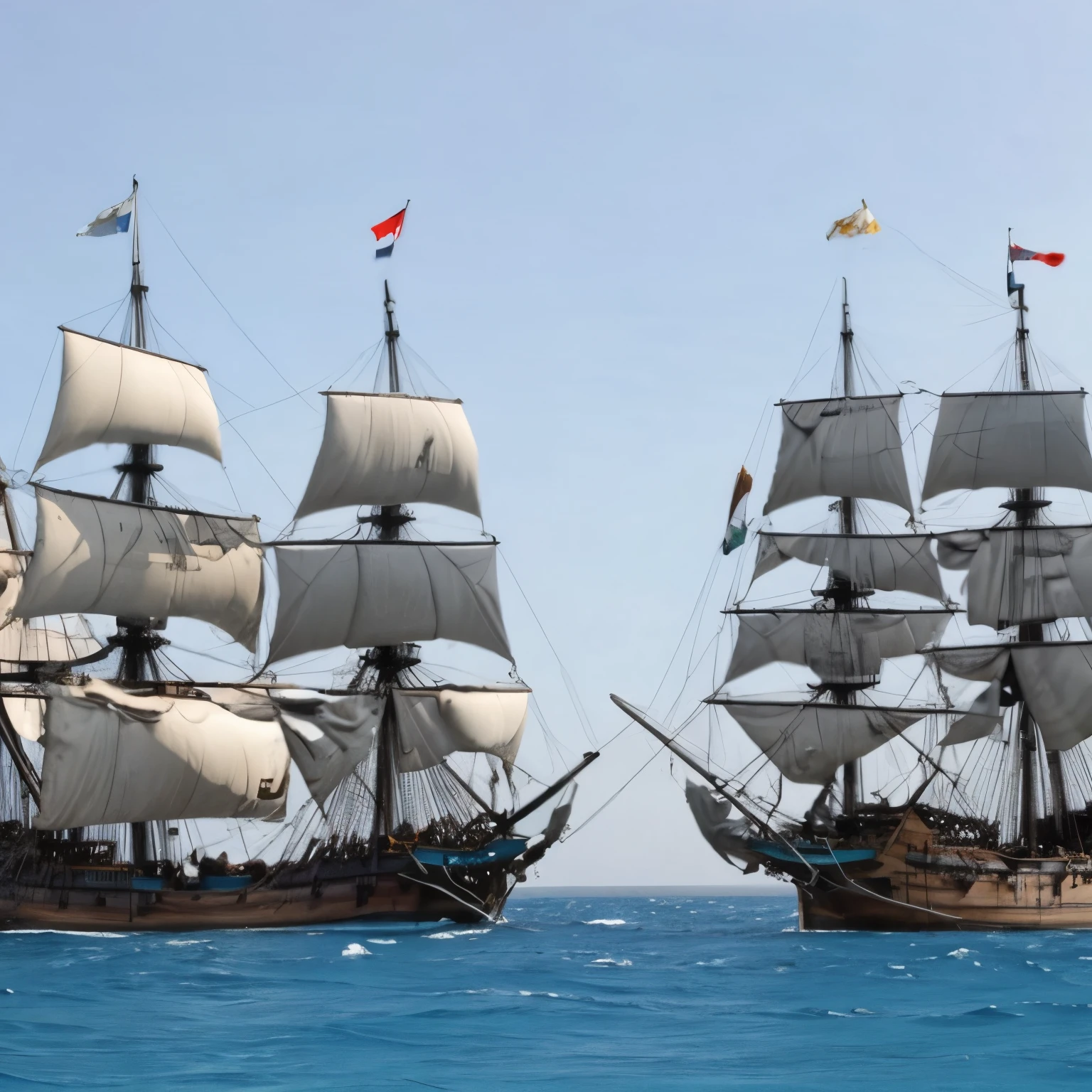 Horatio Hornblower、Naval battle with Caribbean pirates、(2 Galleons:1.4)、 (Naval battles:1.2)、(Close Combat)、Caribbean、 (Galleon Fire:1.2)、(Galleon Explosion:1.2)、(Torn sails:1.2)、 (Realistic:1.2)、Very detailed、(intricate details 1.2)、8k, masterpiece,