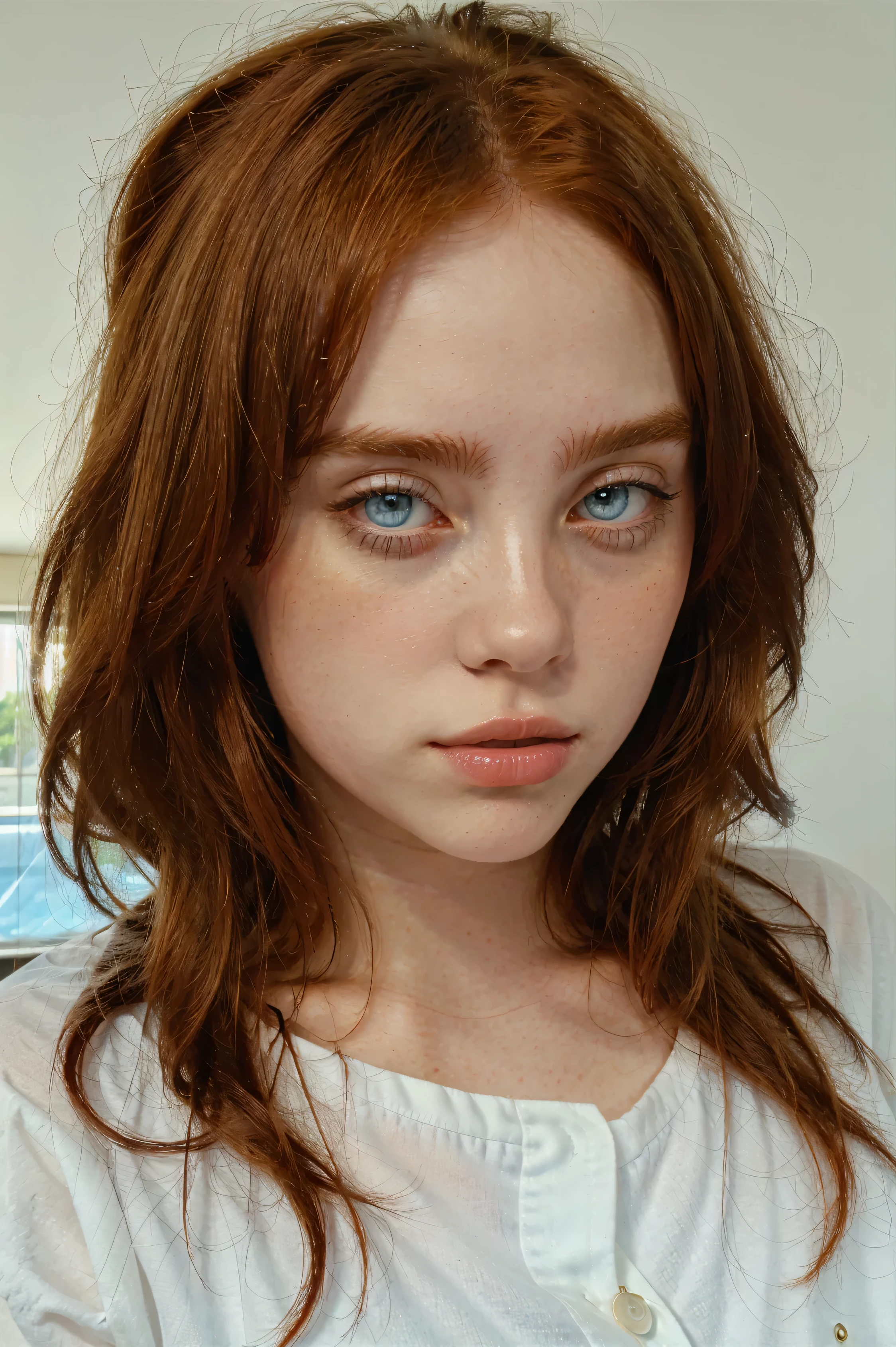 (best quality), high resolution, Asuka Langley Soryu, Beautiful Pretty Mixed German Babe, ((Beautiful face)), sexy lips, Gingers Twin tails headband long Hair, intense gaze, dark blue detailed beautiful eyes, combine realism and anime influence, pajamas, plain face, no makeup, selfie before bed, messy hair, closeup