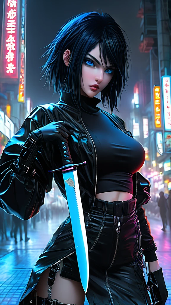 a woman with black hair and blue eyes holding a knife, cyberpunk art by Yuumei, pixiv contest winner, gothic art, anime style 4 k, anime art wallpaper 4k, anime art wallpaper 4 k, anime art wallpaper 8 k, anime wallpaper 4k, anime wallpaper 4 k, badass anime 8 k, detailed digital anime art, demon anime girl