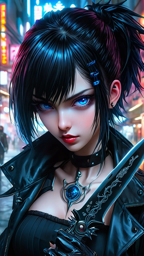 a woman with black hair and blue eyes holding a knife, cyberpunk art by Yuumei, pixiv contest winner, gothic art, anime style 4 k, anime art wallpaper 4k, anime art wallpaper 4 k, anime art wallpaper 8 k, anime wallpaper 4k, anime wallpaper 4 k, badass anime 8 k, detailed digital anime art, demon anime girl