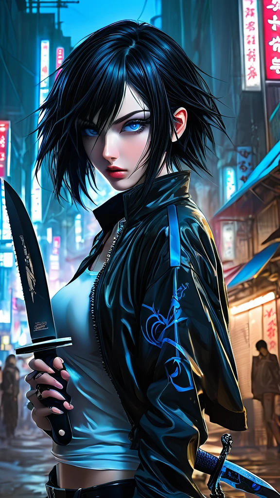 a woman with black hair and blue eyes holding a knife, cyberpunk art by Yuumei, pixiv contest winner, gothic art, anime style 4 k, anime art wallpaper 4k, anime art wallpaper 4 k, anime art wallpaper 8 k, anime wallpaper 4k, anime wallpaper 4 k, badass anime 8 k, detailed digital anime art, demon anime girl