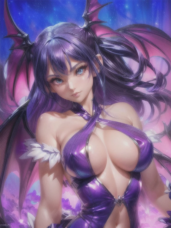 a close-up of a woman in a purple and blue outfit, morrigan, Morrigan Aensland, extremely detailed Artgerm, beautiful succubus, Artgerm detailed, Artgerm. high detail, model | Artgerm, as seen on Artgerm, seductive anime girl, Artgerm 4 k, Artgerm style