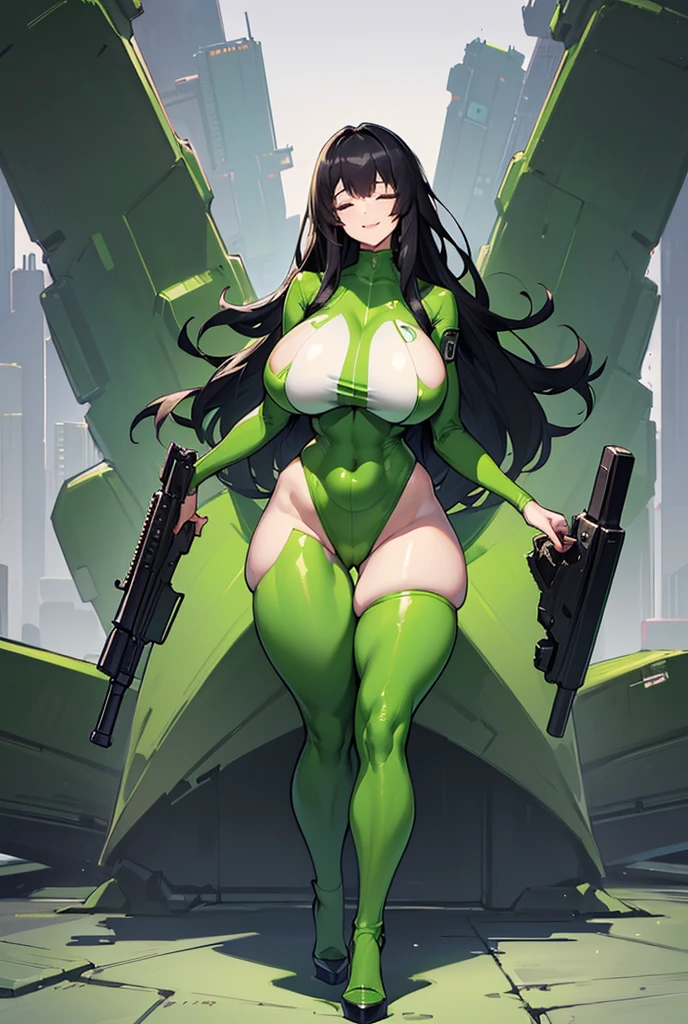 Young girl, Pullover, Green bodysuit , full suit, whole body to see, smile showing teeth, closed eyes , straight hair , (( very wide hips)), (((colossal Thighs, gigantic thighs, very huge thighs, very big thighs))), fullbody, platform heels, pale skin, big breast, gun, soldier girl, standing, front pose, black hair, Cyberpunk,