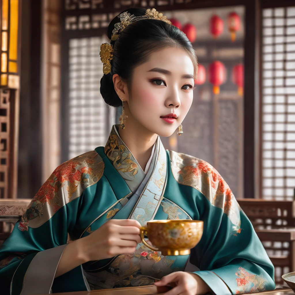 a close up of a beautiful young asian woman sitting at a table with a cup of coffee, intricate hanfu dress, flawless porcelain skin, elegant facial features, penetrating eyes, delicate lips, long eyelashes, palace interior, traditional chinese architecture, ornate decorations, golden accents, warm lighting, soft focus, high resolution, photorealistic, oil painting, masterpiece