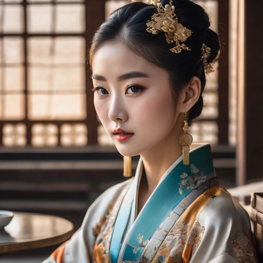 a close up of a beautiful young asian woman sitting at a table with a cup of coffee, intricate hanfu dress, flawless porcelain skin, elegant facial features, penetrating eyes, delicate lips, long eyelashes, palace interior, traditional chinese architecture, ornate decorations, golden accents, warm lighting, soft focus, high resolution, photorealistic, oil painting, masterpiece