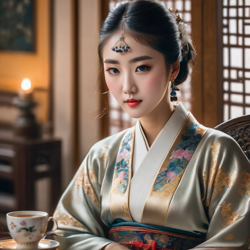 a close up of a beautiful young asian woman sitting at a table with a cup of coffee, intricate hanfu dress, flawless porcelain skin, elegant facial features, penetrating eyes, delicate lips, long eyelashes, palace interior, traditional chinese architecture, ornate decorations, golden accents, warm lighting, soft focus, high resolution, photorealistic, oil painting, masterpiece